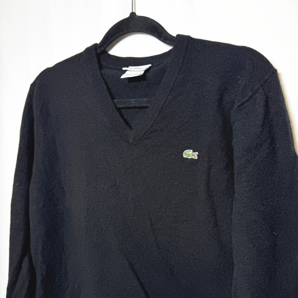 Lacoste Mens Size 5 Black 100% Pure New Wool V-Neck Sweater Crocodile Logo